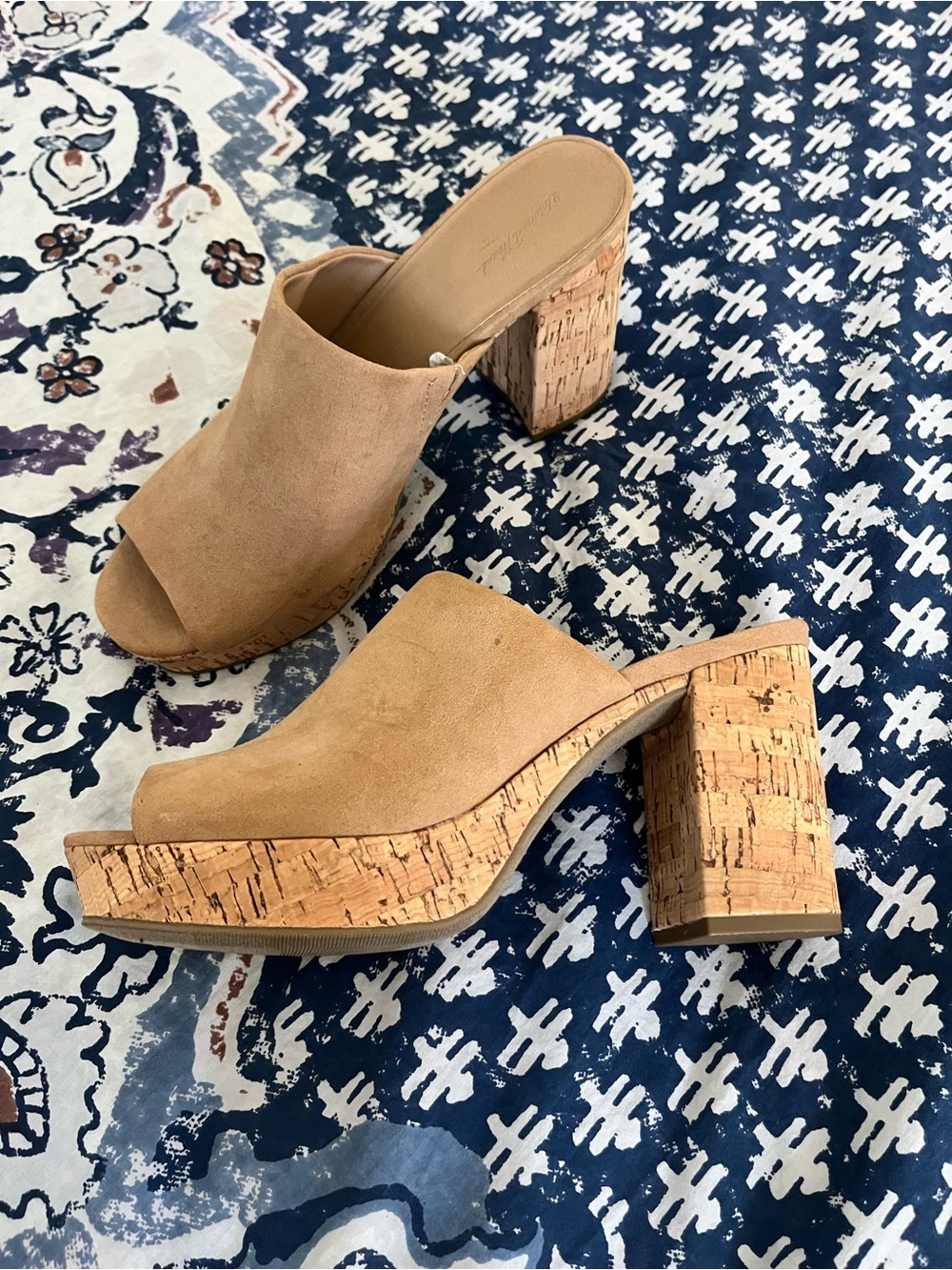 Women's Tan Suede Peep-Toe Cork Block Heel Mules - Picture 2 of 2